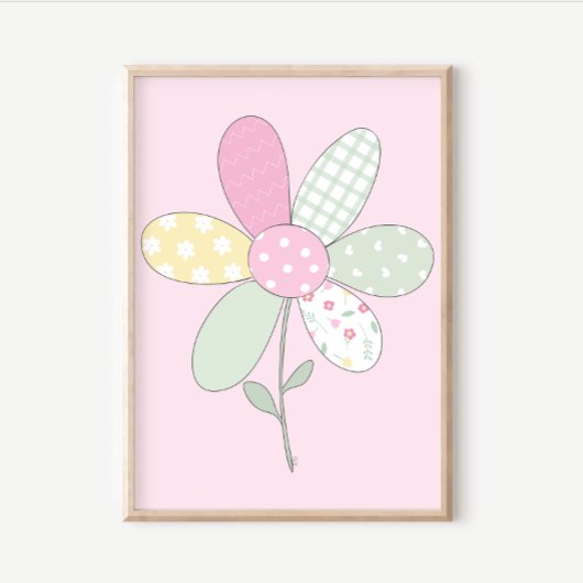 Poster Quilt Art Print Set: Flower on Pink Background
