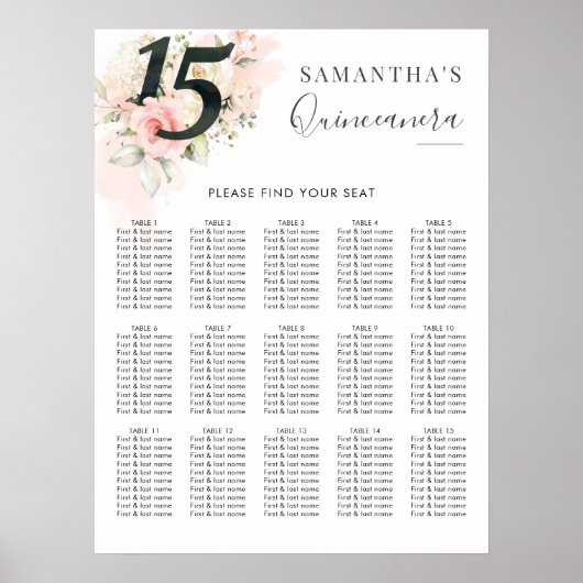 Poster Quinceanera 15e Anniversaire Floral Seating Chart (Devant)