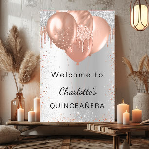 Poster Quinceanera argent rose or ballons bienvenue
