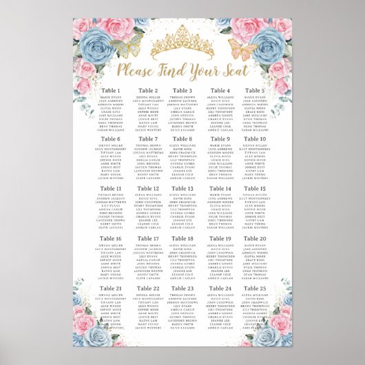 Poster Quinceañera Baby Blue Rose Floral Seating Chart (Devant)