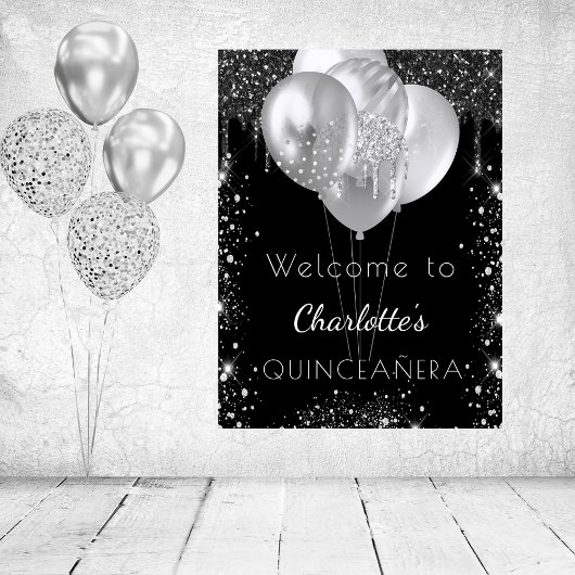 Poster Quinceanera black silver glitter welcome
