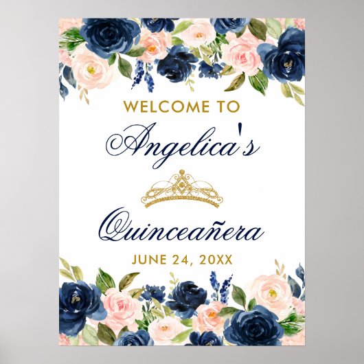 Poster Quinceanera bleu rose Floral Couronne or (Devant)