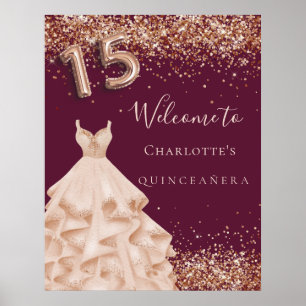 Poster Quinceanera bordeaux rose parties scintillant d'or