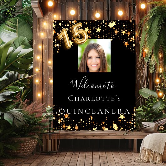 Poster Quinceanera étoiles d'or noir
