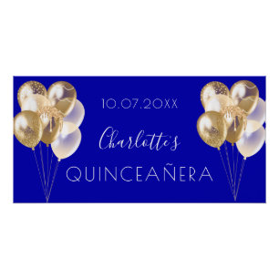 Poster Quinceanera fête des ballons d'or bleu royal
