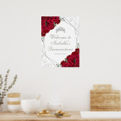 Poster Quinceanera Florale Rouge et Argent Bienvenue (Cuisine)
