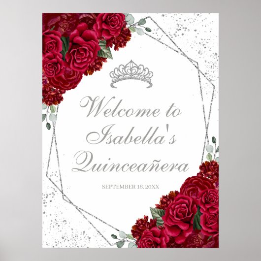 Poster Quinceanera Florale Rouge et Argent Bienvenue (Devant)