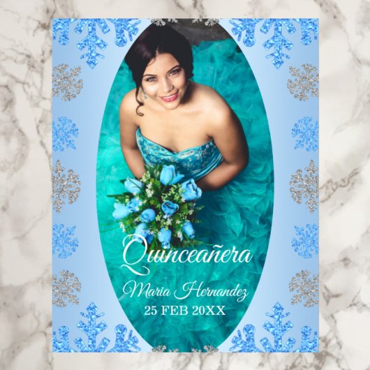 Poster Quinceañera Ice Blue Silver Winter Snowflake