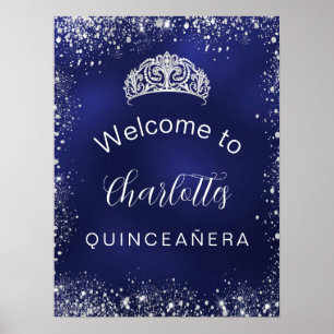 Poster Quinceanera marine bleu argent parties scintillant
