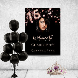 Poster Quinceanera noir rose or photo étoiles bienvenue