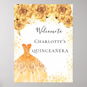 Poster Quinceanera or blanc robe florales fête bienvenue