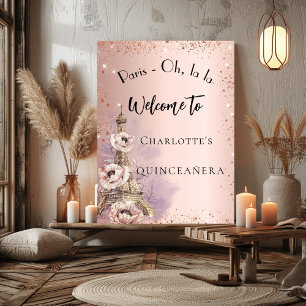 Poster Quinceanera Paris tour eiffel or rose bienvenue