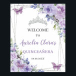 Poster Quinceañera Purple Lilac Floral Papillons Argent<br><div class="desc">Personnalisez ce joli signe de bienvenue de quinceañera avec sa propre formulation facilement et rapidement,  appuyez simplement sur le bouton customiser pour réorganiser et formater le style et le placement du texte. Objets correspondants disponibles en magasin ! c) Le Happy Cat Studio</div>