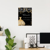 Poster Quinceanera robe noire or accueil fleuri (Bureau à domicile)