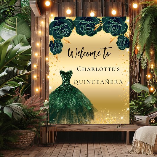 Poster Quinceanera robe or verte fleurs bienvenue