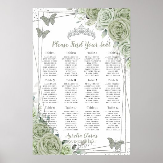 Poster Quinceañera Sage Green Floral Silver Seating Chart (Devant)