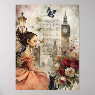 Poster Quirky Victorian Gothic Girl & Florals Londres