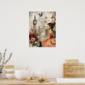 Poster Quirky Victorian Gothic Girl & Florals Londres (Cuisine)