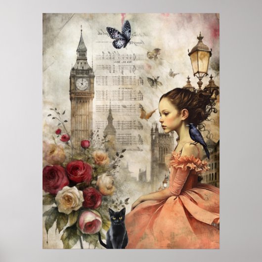 Poster Quirky Victorian Gothic Girl & Florals Londres (Devant)
