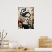Poster Quirky Victorian Gothic Girl & Florals Londres (Cuisine)