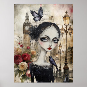 Poster Quirky Victorian Gothic Girl & Florals Londres