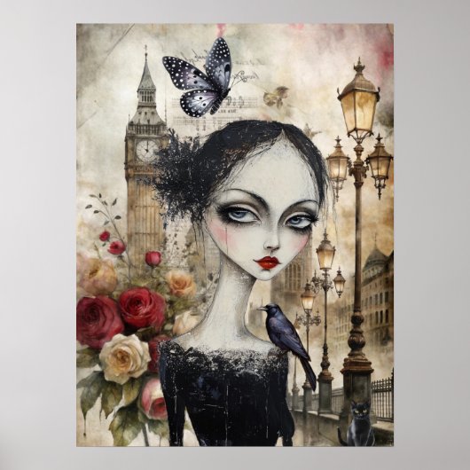 Poster Quirky Victorian Gothic Girl & Florals Londres (Devant)