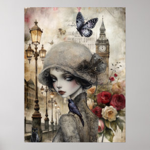 Poster Quirky Victorian Gothic Girl & Florals Londres