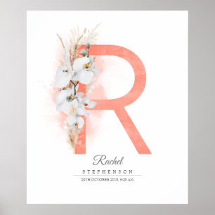 Poster R Lettre Monogramme Orchidées blanches et laiton d