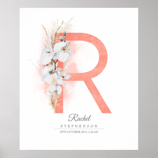 Poster R Lettre Monogramme Orchidées blanches et laiton d (Devant)