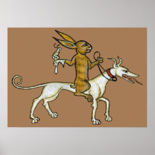 Poster Rabbit médiéval chevauchant le chien et tenant l'e