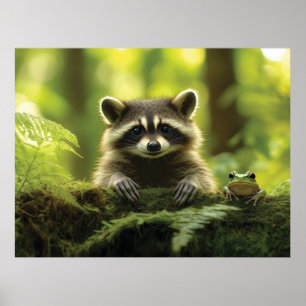 Poster Raccoon adorable et grenouille à la recherche de M