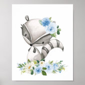 Poster Raccoon, Animaux Boisés, Boho, Fleurs Bleues (Devant)