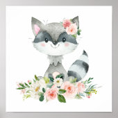 Poster Raccoon, Animaux Boisés, Boho, Fleurs Roses (Devant)
