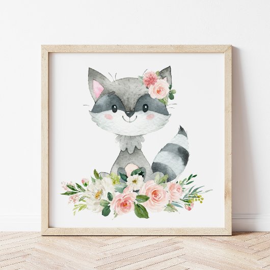 Poster Raccoon, Animaux Boisés, Boho, Fleurs Roses