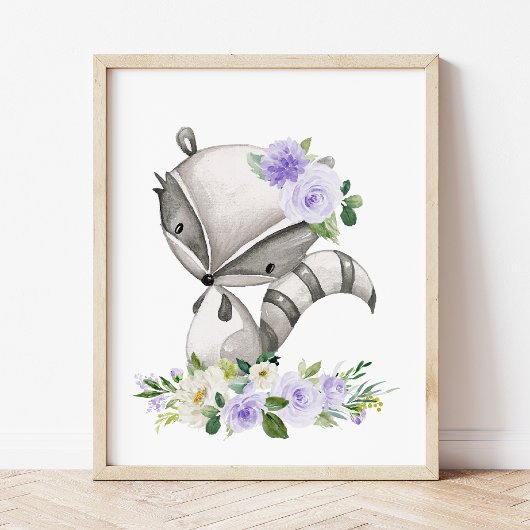 Poster Raccoon, Animaux De Bois, Boho, Fleurs Violettes