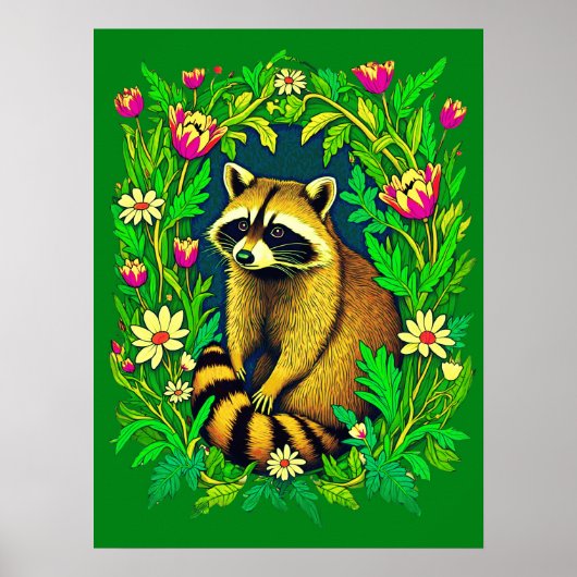 Poster Raccoon au milieu du jardin Fleur sauvage (Devant)