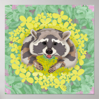 Poster Raccoon aux fleurs jaunes
