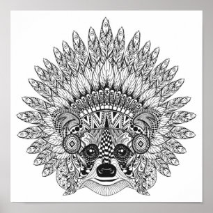 Poster Raccoon Dans Plumes War Bonnet Doodle 2