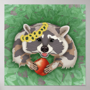 Poster Raccoon dans une couronne de tournesols