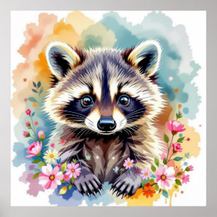 Poster Raccoon d'aquarelle florale