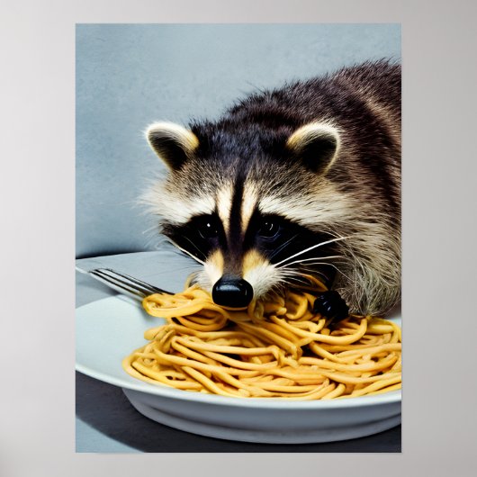 Poster Raccoon mangeant Spaghetti (Devant)