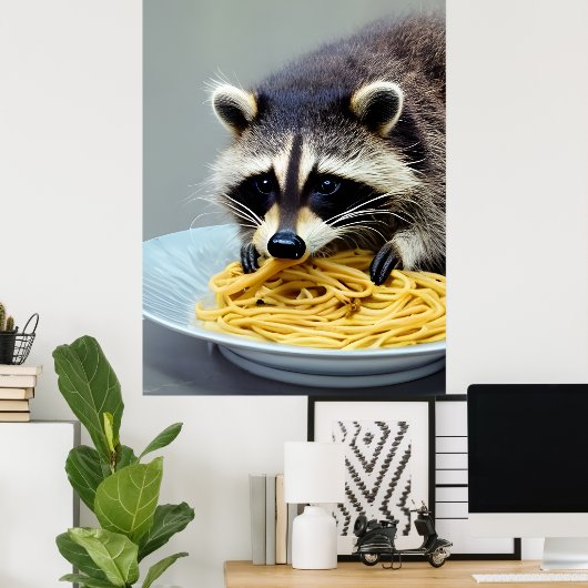 Poster Raccoon mangeant Spaghetti (Bureau à domicile)