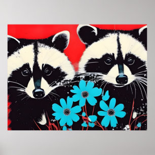 Poster Raccoons Adorables Avec Fleurs Bleues Arrière - pl