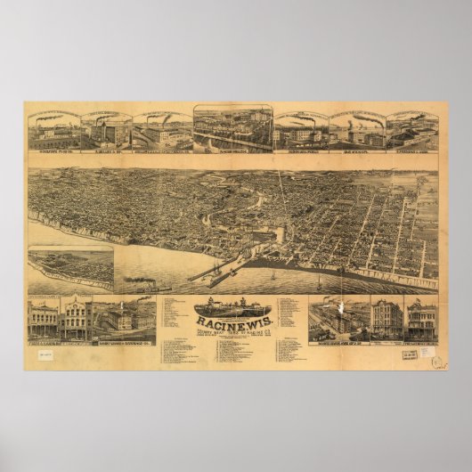 Poster Racine WI 1883 Antique Carte Panoramique (Devant)