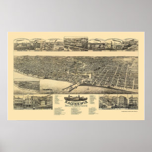 Poster Racine, WI Carte panoramique - 1883