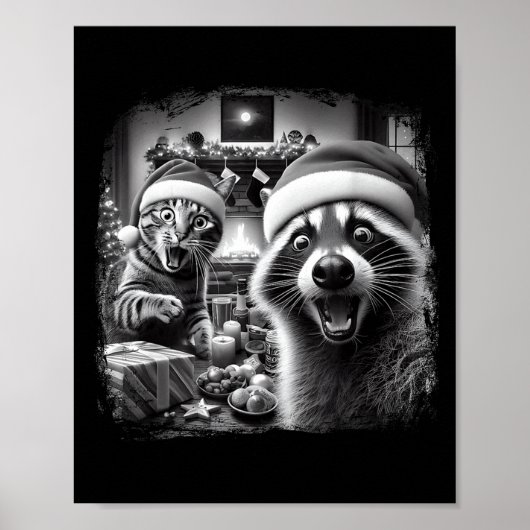 Poster Racoon Santa Funny Cat Taking Selfie Christmas Xma (Devant)
