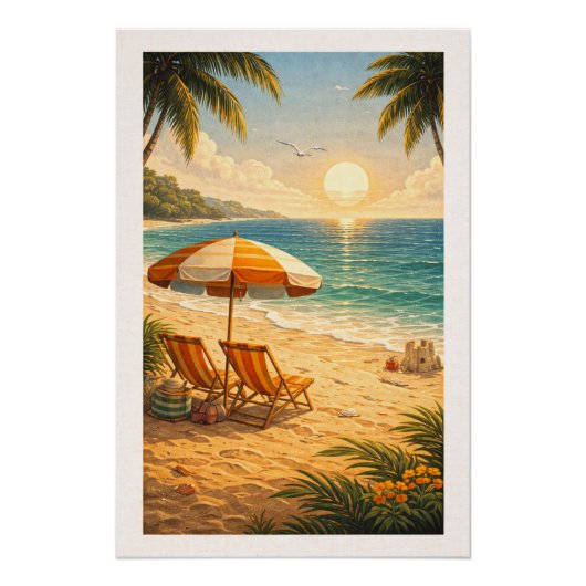 Poster Radiant Tropical Beach Sunset Retro Vacation (Devant)