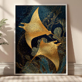 Poster Raies Manta Bleu Nuit & Or Élégant Art Kintsugi