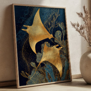 Poster Raies Manta Bleu Nuit & Or Élégant Art Kintsugi