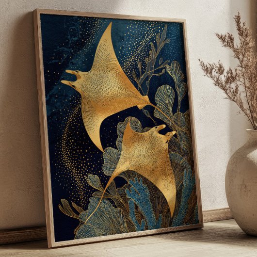 Poster Raies Manta Bleu Nuit & Or Élégant Art Kintsugi